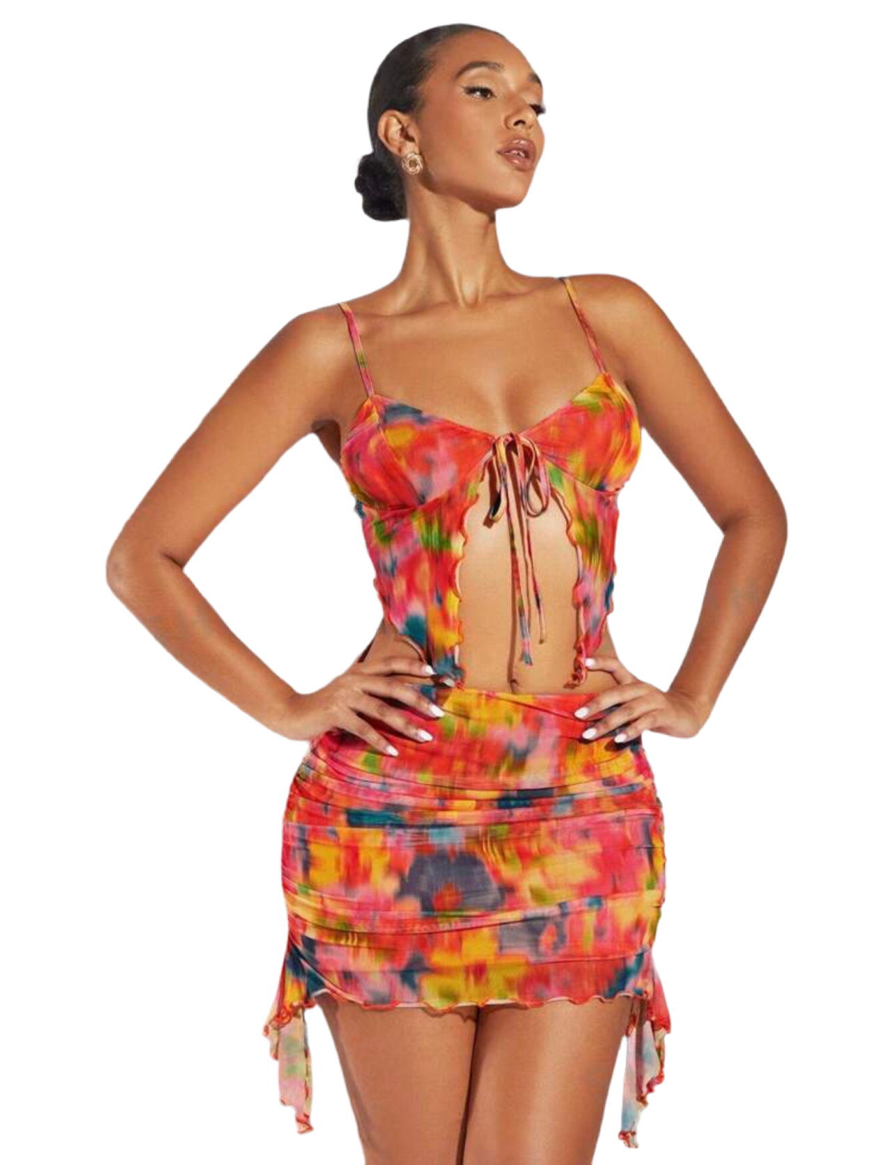 Tie Dye Cami Top & Draped Side Bodycon Skirt (Orange)