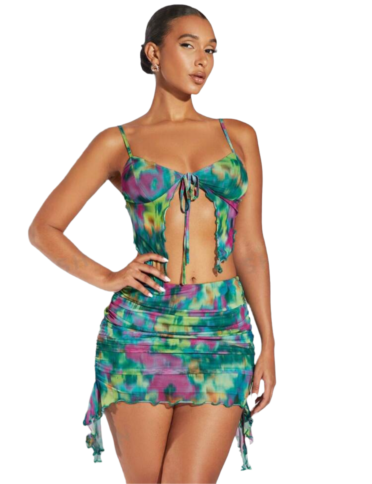 Tie Dye Cami Top & Draped Side Bodycon Skirt (Green)