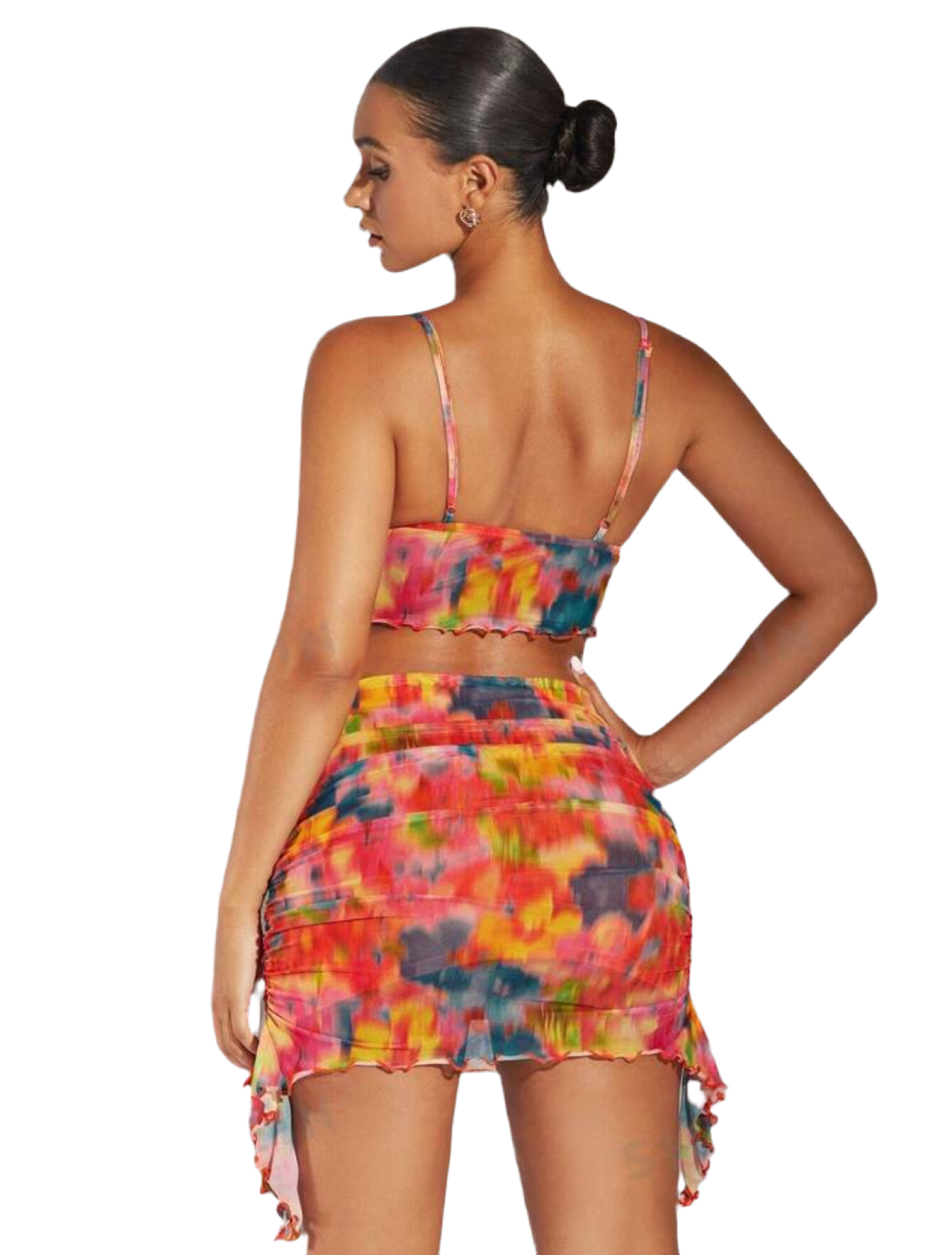 Tie Dye Cami Top & Draped Side Bodycon Skirt (Orange)