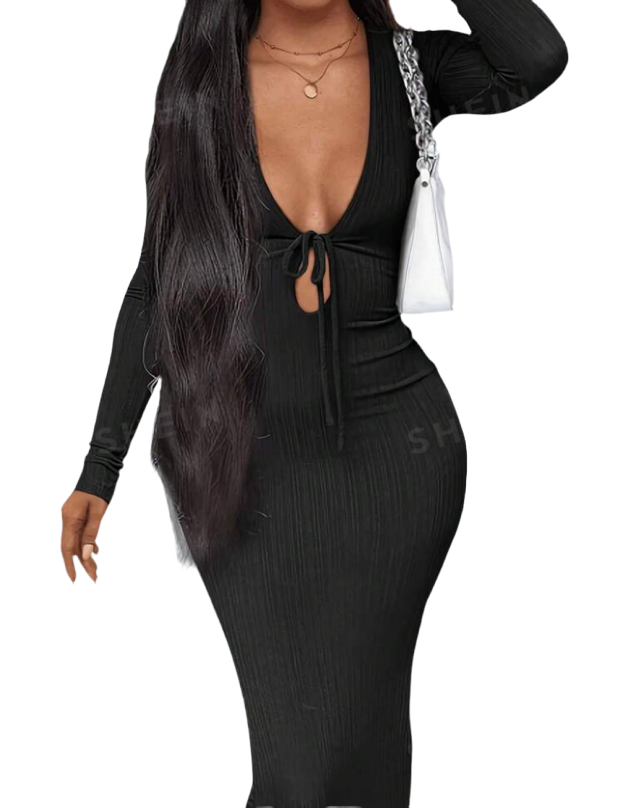 V-Neck Cutout Tie Front Slit Dress