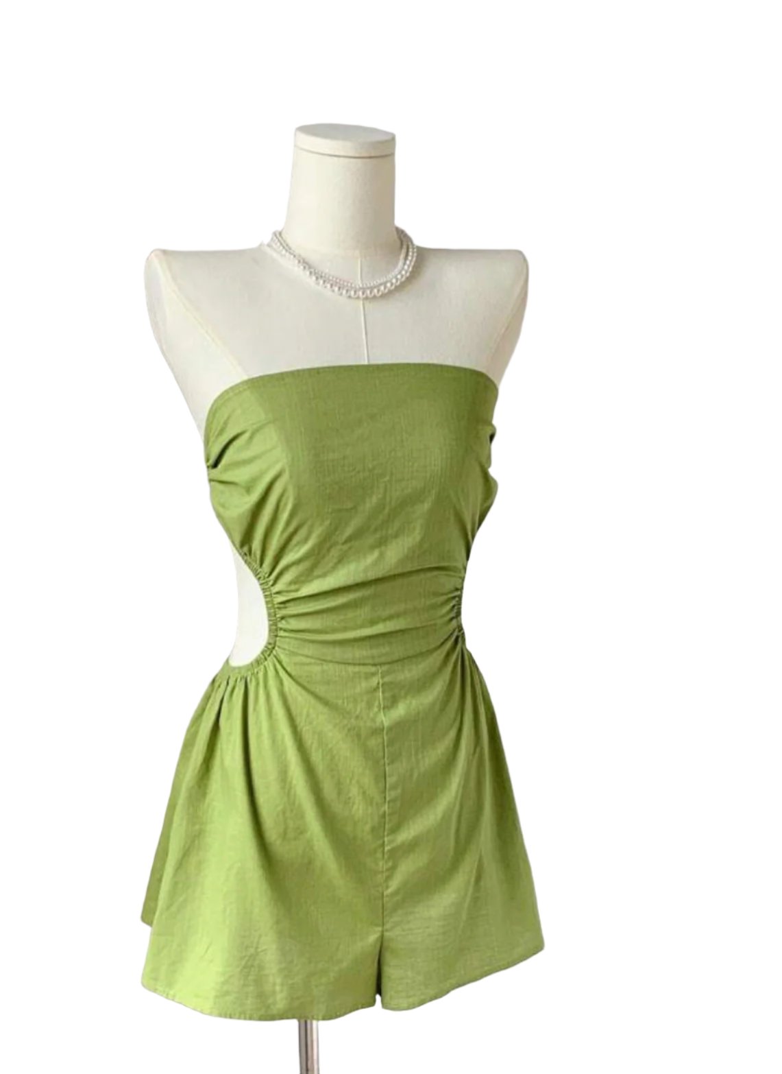 Side cut out pleated waistband CLinen Strapless Romper