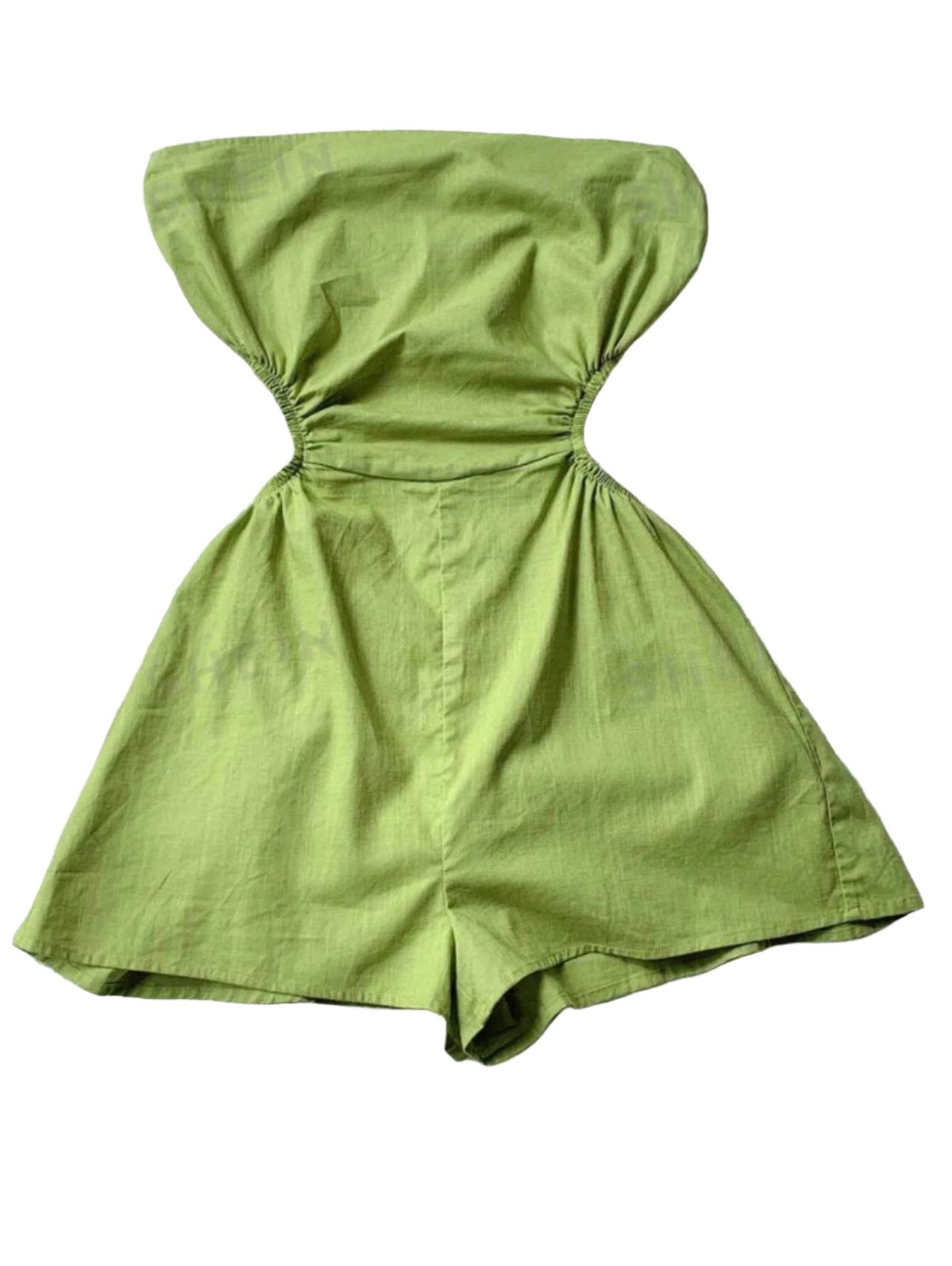 Side cut out pleated waistband CLinen Strapless Romper